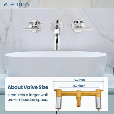 Wall Mounted Widespread Bathroom Sink Faucet With 2 Levers And A 360 Swivel Spout 3 Holes Chrome Finish Solid Brass Construction Brass Rough In Valve Smooth 1.2 GPM Flow Easy Install Vanity Lavatory Mixer Tap above white sink