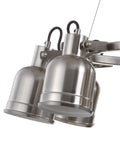 Close-up of Nickel Modern Eight Light Industrial Wagon Wheel LED Chandelier with metal shades and energy-saving bulbs.