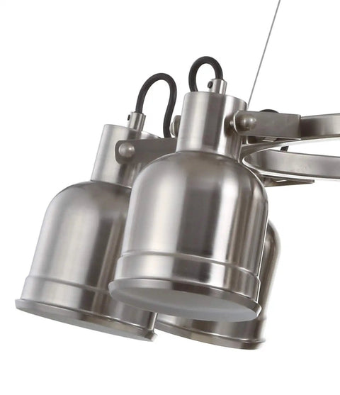 Close-up of Nickel Modern Eight Light Industrial Wagon Wheel LED Chandelier with metal shades and energy-saving bulbs.