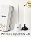 Heavy Duty Toilet Plunger And Brush Set With Nifty Hideaway Stand For No Fuss Bathroom Refresh, presented in a gift box.