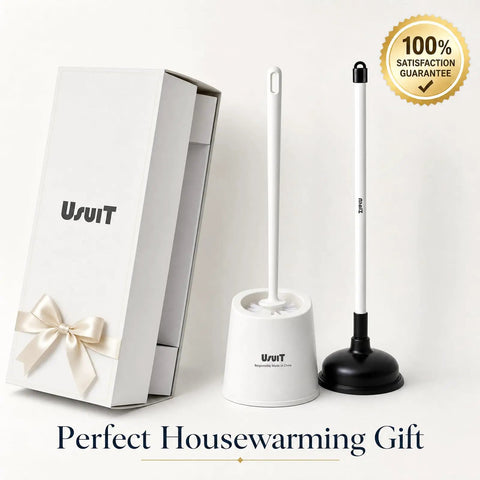 Heavy Duty Toilet Plunger And Brush Set With Nifty Hideaway Stand For No Fuss Bathroom Refresh, presented in a gift box.