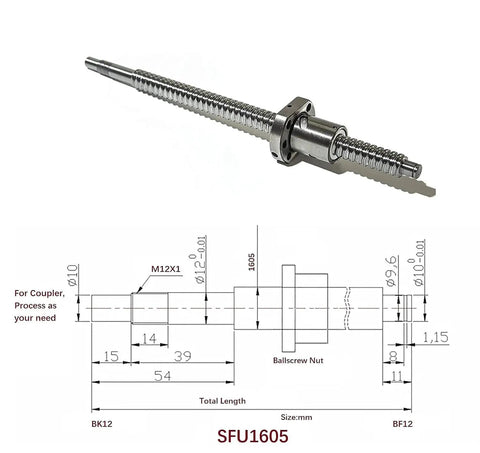 16mm Ball Screw Kit With 2000mm Length And 5mm Lead Anti Backlash Ball Screw Metal Nut End Supports And Flexible Coupler For CNC Machines Delivers Smooth Motion And Long Lasting Precision, SFU1605, with technical diagram