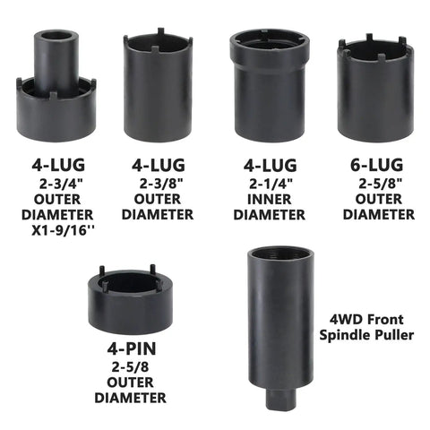 Beefy Spindle Nut Socket Set, 6 Piece Half Inch Drive Kit showing various lug and pin sizes for axle lock nuts and spindles