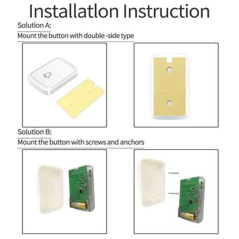 Installation instructions for Long Range Wireless Doorbell Kit With One Button And Two Plug In Receivers, showing mounting options.