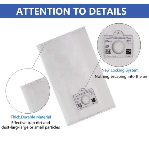 HEPA Canister Vacuum Bags Type Q And Type C 6 Pack White Compatible With Elite 20 53292 with details on material and lock system