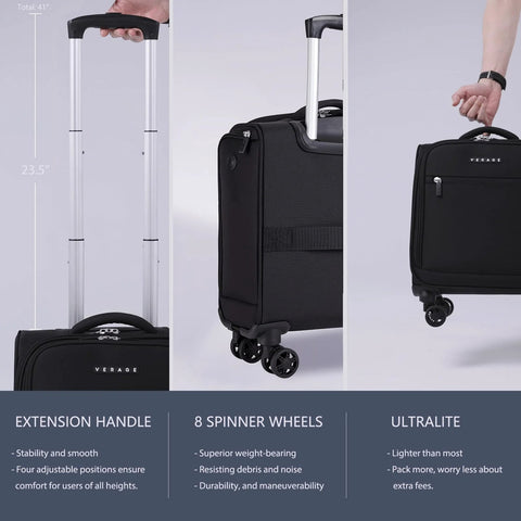 Verage 14.5-inch black softside underseat carry-on luggage with extension handle and 8 spinner wheels