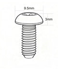 Diagram of Titanium Bike Bolts Set T25 Torx Head with measurements 9.5mm head and 3mm depth, illustrating screw dimensions and design.