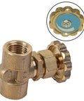 Brass needle valve with 1/4 in female NPT x 1/4 in female NPT ports and knurled adjustment knob (front view).