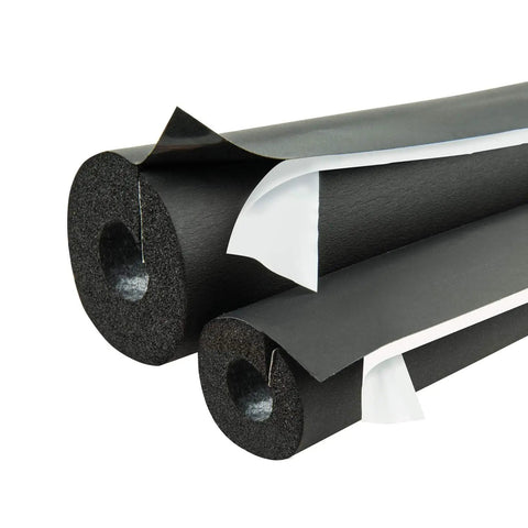 Top Notch Closed Cell Foam Pipe Insulation Sleeve With Tough As Nails Lap Seal Design for shielding pipes in black foam.