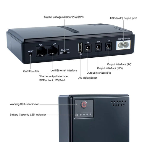 Front and side views of a DC UPS Battery Backup Uninterruptible Power Supply with 18W Output and multiple voltage options.