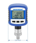 MEASUREMAN digital pressure gauge, front view; blue housing, LCD display, 1/4 in NPT lower stainless connection.