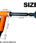 Badass Compact Quarter Inch Air Angle Die Grinder Boasting 18000 Rpm Pneumatic Torque With Rear Exhaust Fan and dimensions marked.