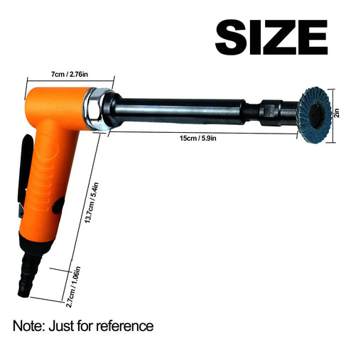 Badass Compact Quarter Inch Air Angle Die Grinder Boasting 18000 Rpm Pneumatic Torque With Rear Exhaust Fan and dimensions marked.