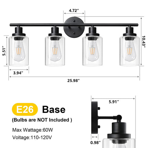 4 Light Vanity Lights Black Wall Sconce With Clear Glass Over Mirror Sleek Dope Modern Bathroom Light Fixture dimensions.