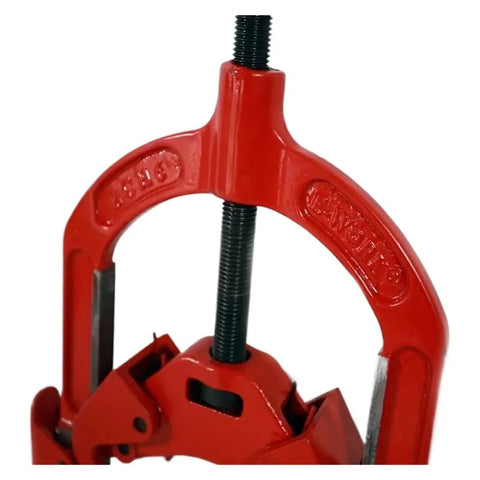 Close-up of red Pro Grade Heavy Duty Hose Crimping Tool And Hinged Pipe Cutter for 4 to 6 Inch Carbon Steel Pipe Rugged Hand Tool