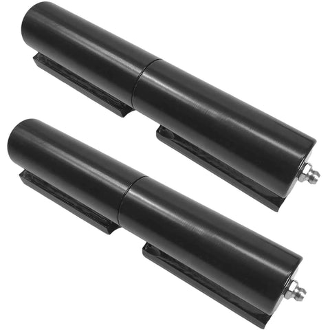 Two 7-inch black steel barrel gate hinges with weld-on bases for heavy-duty gates