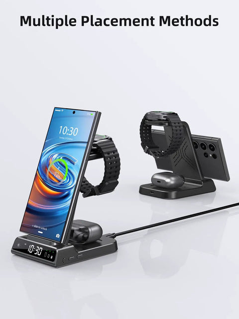 All In One 3 In 1 Wireless Charging Stand With Dimmable Clock And Nightstand Organizer For Galaxy Phones, Watches, And Buds