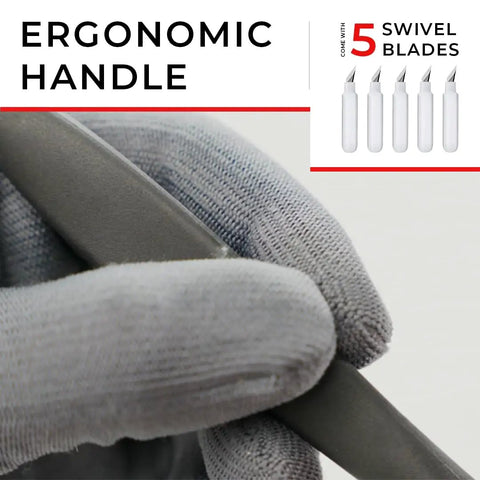 Close-up of 360 Degree Swivel Blade Craft Knife With Dope Ergonomic Comfort Grip For Precise Detailing And Controlled Cuts Angled Handle Keeps Blade Steady On Your Work Surface showing ergonomic handle and swivel blades.