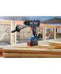 Professional 18V Brushless Hammer Drill Driver Kit With 8 Ah Battery Pack And 1330 Inch Pound Torque on construction site with wood.