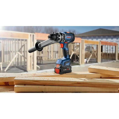 Professional 18V Brushless Hammer Drill Driver Kit With 8 Ah Battery Pack And 1330 Inch Pound Torque on construction site with wood.