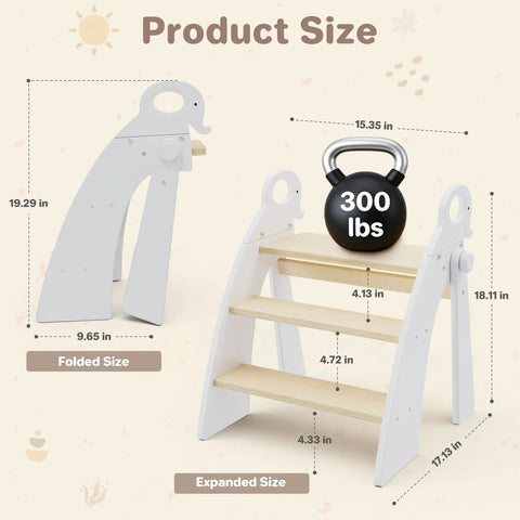 Kid Approved Step Stool For Toddlers And Kids With Adorable Elephant Handles Foldable Bathroom Counter Helper size dimensions shown with weights.