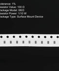 100 Pack 0603 Chip Resistors 100 Ohm One Percent Tolerance SMD Thick Film One Tenth Watt Low Profile Surface Mount Parts