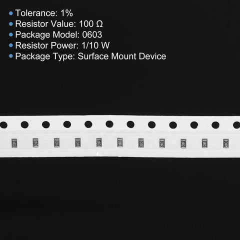 100 Pack 0603 Chip Resistors 100 Ohm One Percent Tolerance SMD Thick Film One Tenth Watt Low Profile Surface Mount Parts