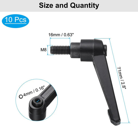 Pack Of Ten Black Adjustable Locking Lever Handles Featuring M8 X 16mm Metric Male Thread Tight Quick Crank Action Built For Serious Workshop Rigs And Smooth No Sweat Clamping Swaps with detailed size measurements.