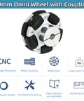 60mm Omni Wheel for Robotics with aluminum and rubber tire, CNC precision, metal hubs, and high load capacity, ideal for ROS smart chassis.