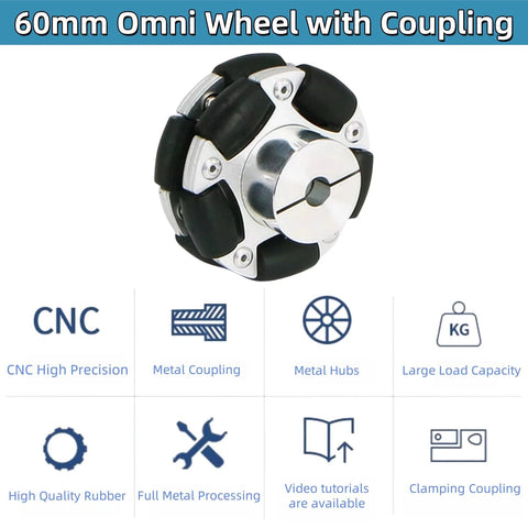 60mm Omni Wheel for Robotics with aluminum and rubber tire, CNC precision, metal hubs, and high load capacity, ideal for ROS smart chassis.