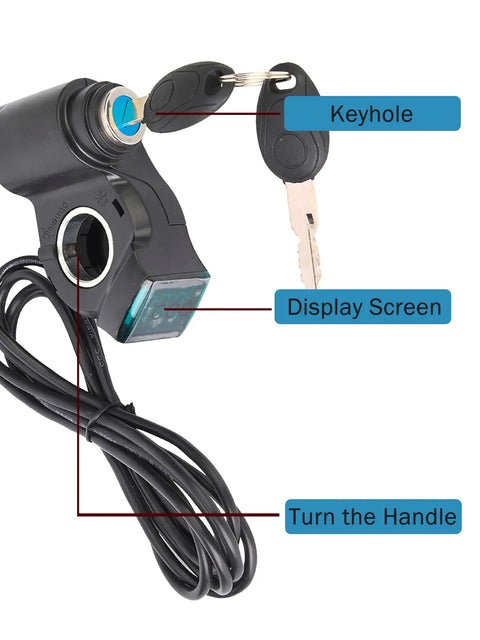 Plug And Play Throttle Control Switch With LCD Voltage Display And Key Lock For E-Scooters, close-up with key in lock