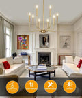 Gold 8 Light Farmhouse Chandelier With Modern Brass Candle Design For Dining Room Living Room Kitchen Island And Foyer