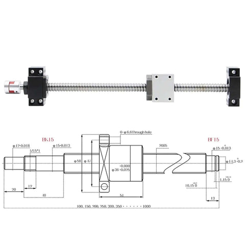 Awesome 1 Pc SFU2005 Ball Screw Kit With 350mm Length Includes Machined RM2005 Ball Nut Plus BK15 BF15 End Brackets And Smooth Coupler For Quiet CNC Machine Operations, shown with technical dimensions