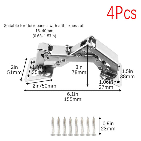 Two Pairs Of Four Hinges 175 Degree Soft Close Cabinet Hinges for hidden frameless doors with screws, shown with measurements