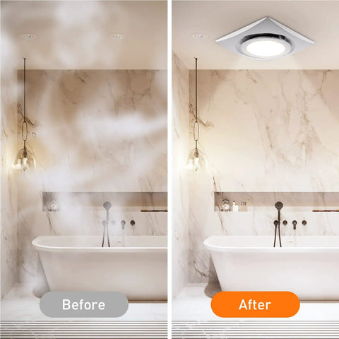 Before and after installation of Ultra Quiet Bathroom Exhaust Fan With LED Light 110 CFM Ceiling Mount Ventilation Fan 1.0 Sones.