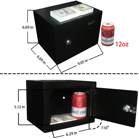 Small Steel Safe Box With Key Lock For Home Office Cash And Jewelry Storage, Hidden 0.23 Cubic Feet, Compact, dimensions shown
