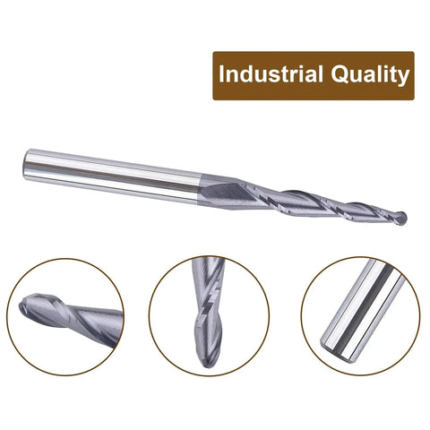Pro Grade Solid Carbide CNC Router Bits For Woodworking Two Flute Tapered Ball Nose Milling Cutters DLC Coated showing detail of cutting edge.