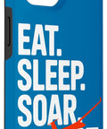 Glider Sailplane Pilot Case For iPhone 14 That Keeps Your Device Safe On The Go with blue design, "Eat. Sleep. Soar. Repeat." text.