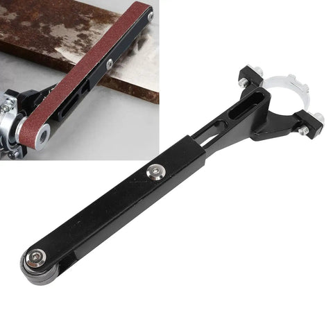 Extra Tough Belt Sander Adapter For Angle Grinder Blasts Through Models 100 And 125 Into Precision Pipe Sanding Polishing Tool, black metal design.