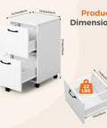 Two Drawer Filing Cabinet In White With Rolling Wood Design, shown with dimensions and lockable wheels for home office storage.