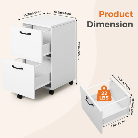 Two Drawer Filing Cabinet In White With Rolling Wood Design, shown with dimensions and lockable wheels for home office storage.