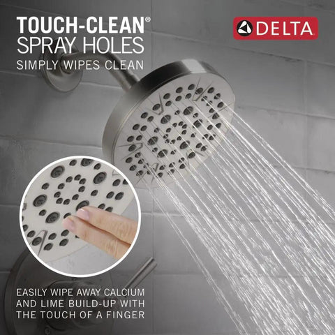Saylor 14 Series Five Setting Shower Faucet Trim Kit In Brushed Nickel With Stainless Shower Head And Handle Valve Trim Included Five Spray Options From Full Body To Massage Rough In Valve Sold Separately showing cleaning touch-clean spray holes