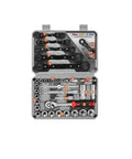 Open 32-piece Three Eighths Inch Drive Socket Ratchet Set in Portable Case for Easy Car Repair, showing organized hand tools.