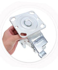 Heavy Duty 4 Inch Swivel Caster Bracket With Sure Grip Brake Lock and Quick Turn Wheel Frame, hand holding durable steel mount.