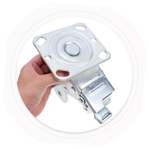 Heavy Duty 4 Inch Swivel Caster Bracket With Sure Grip Brake Lock and Quick Turn Wheel Frame, hand holding durable steel mount.