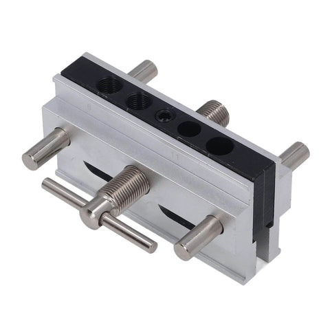 Front view of Self Centering Doweling Jig Kit With Adjustable Width Drilling Guide and Six Bushings, silver finish.