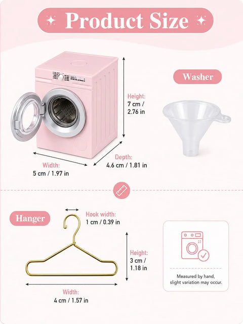 Product size details for Insanely Detailed One To Twelve Scale Miniature Washing Machine With Five Metal Hangers And Rotating Drum Front Load Washer Replica.