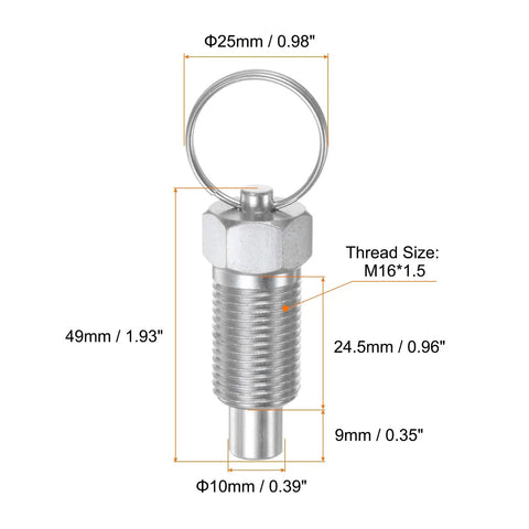Built Like A Tank Carbon Steel Spring Plunger With Pull Ring M16x1.5 Thread 0.96 Inch Length And 10mm Pin for industrial applications.