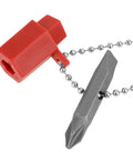 Red plastic key from the Ten Piece 5 In 1 Cross Key Set With Heavy Duty Zinc Alloy Build and screwdriver on chain