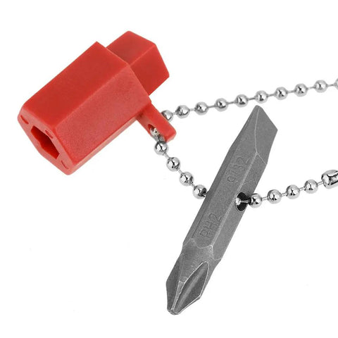 Red plastic key from the Ten Piece 5 In 1 Cross Key Set With Heavy Duty Zinc Alloy Build and screwdriver on chain